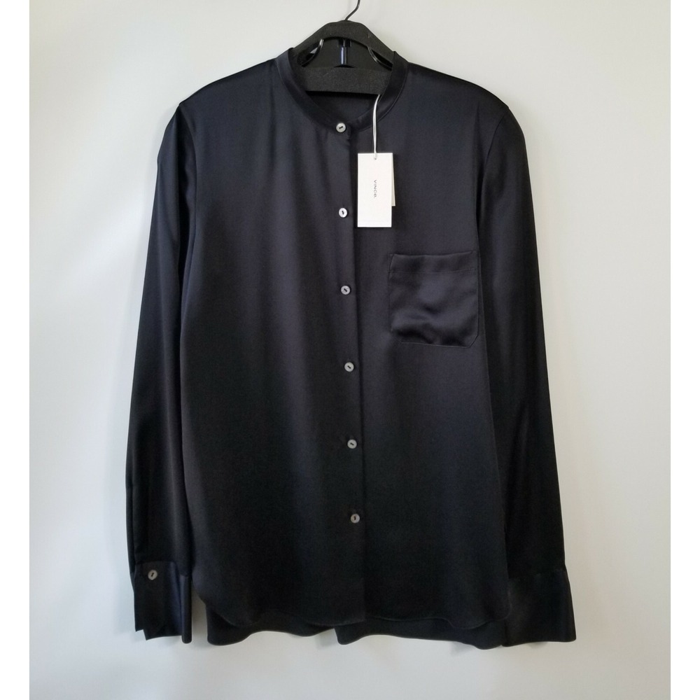 NWT Vince Slim Satin Band Collar Silk Blouse - Classic Black 🖤 Size 0,2,4 $295